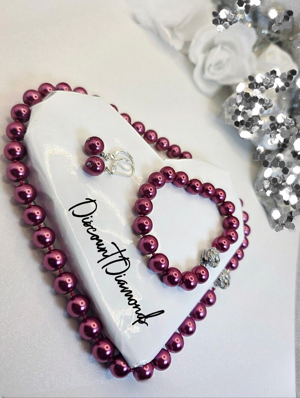 Red Rose 10mm South Sea Shell Pearls Necklace Bracelet & Earrings 925 Clasp